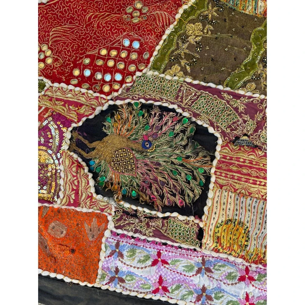 Vintage Indian Heavily Beaded Art Decor Sari Zari Wall Hanging Tapestry 75x93